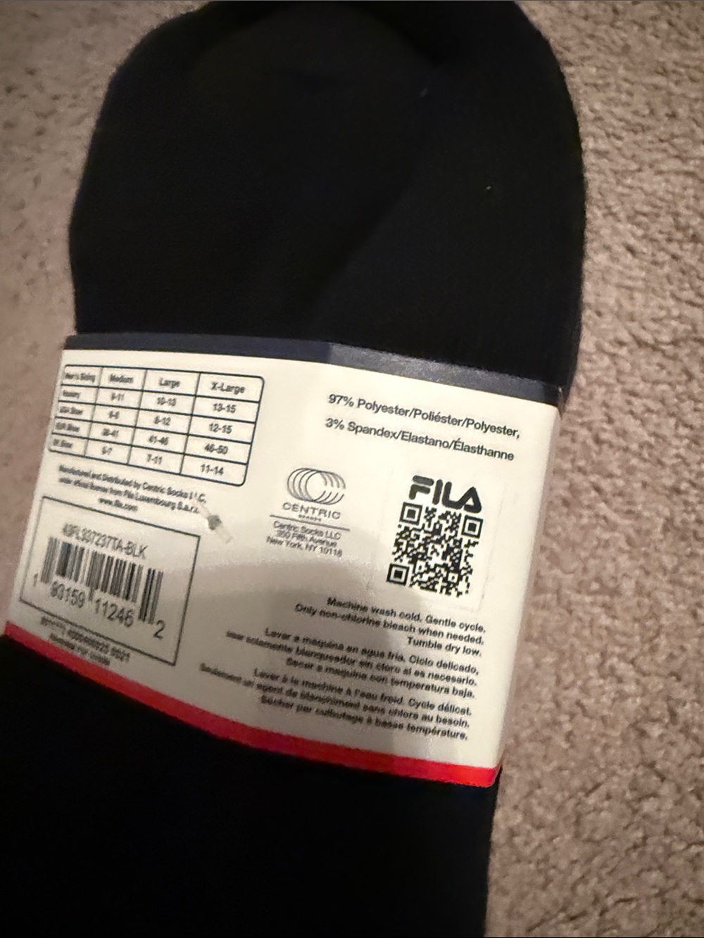Fila Men’s No-Show Athletic Socks in Black with Blue and Red Stripes - Picture 4 of 4